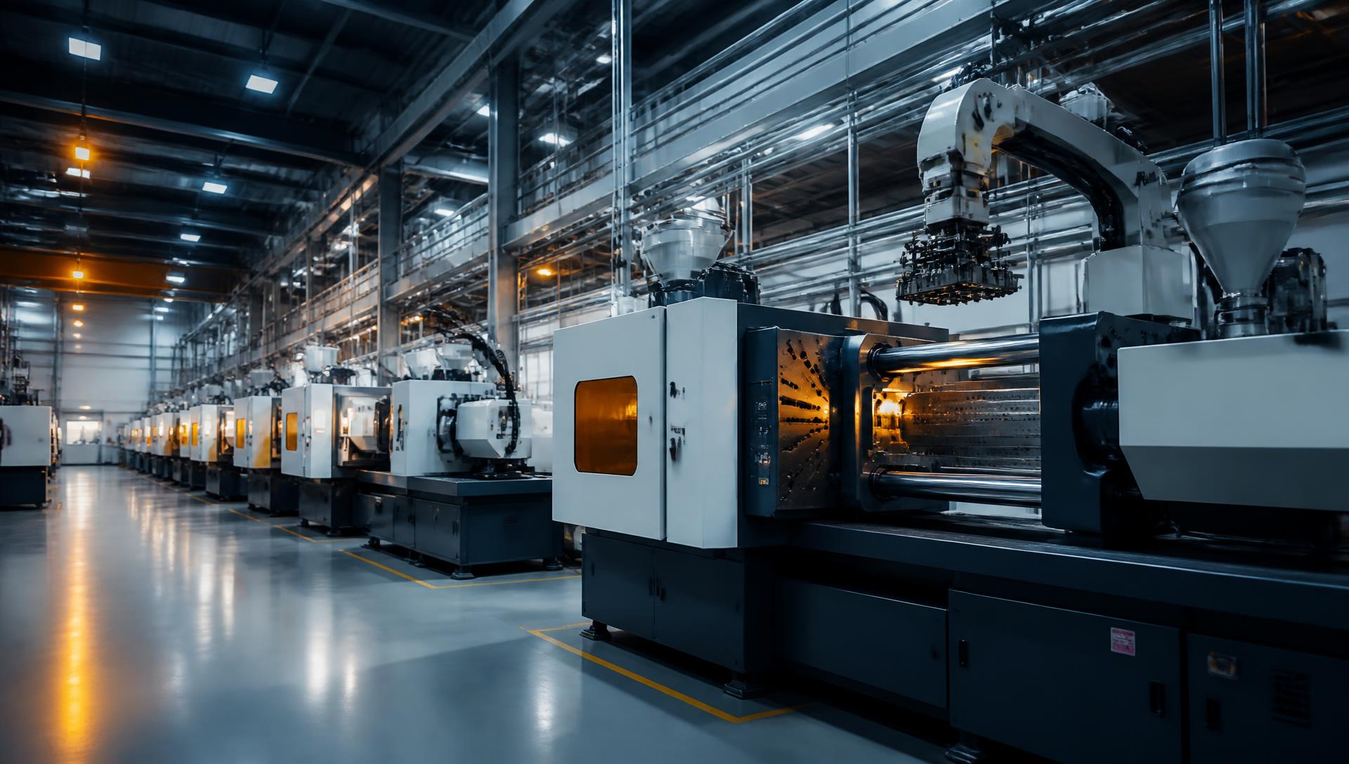 Row of injection molding presses on the VPI Engineering production floor
